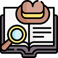 Black and white detective with hat and magnifying glass icon with pink circle behind