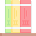 Black and white book spine with roman numerals icon with pink circle behind