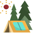 Black and white person hiking icon with pink circle behind