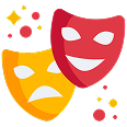 Black and white drama mask icon with pink circle behind