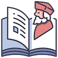 Black and white profile and book icon with pink circle behind